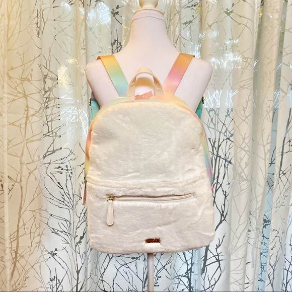 Betsey Johnson white fuzzy furry unicorn hood rainbow big zip up backpack bag - Picture 6 of 8